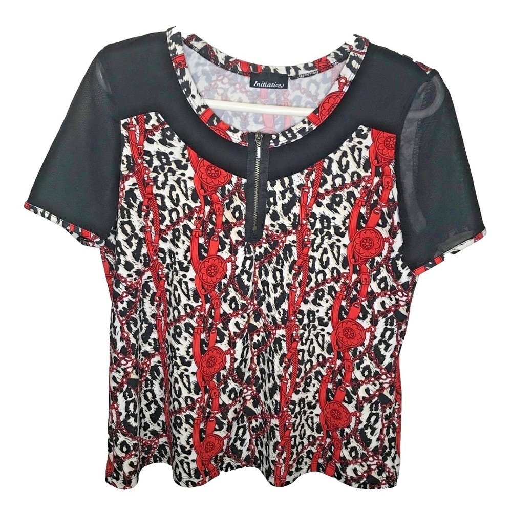 Initiatives Animal Print Zip Front Top Red Black Size M
